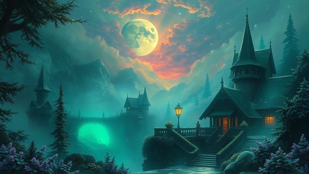 Ethereal Fantasy Landscape in Emerald Mist