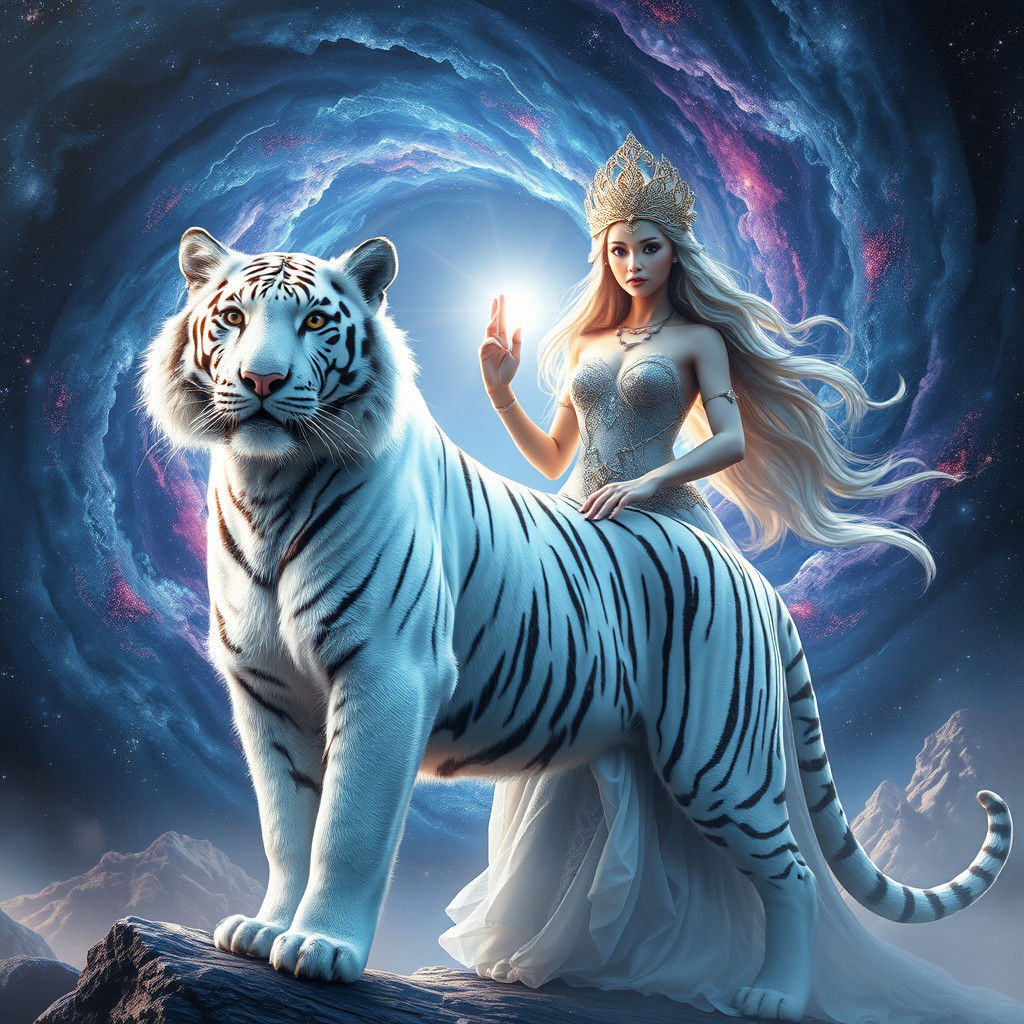 White tiger with selene in front of a cosmic background