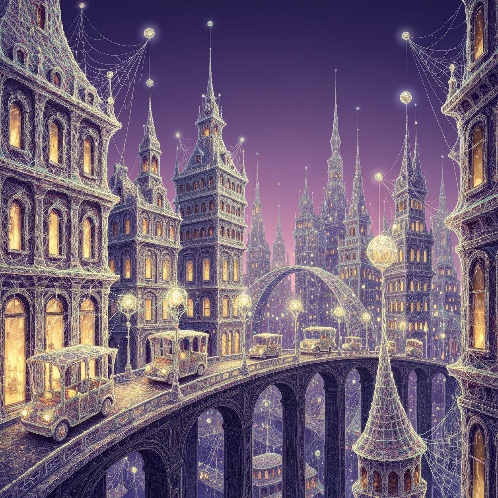 A whimsical cityscape where all the buildings, bridges, and even the vehicles are intricately fashioned ...  by @Mak