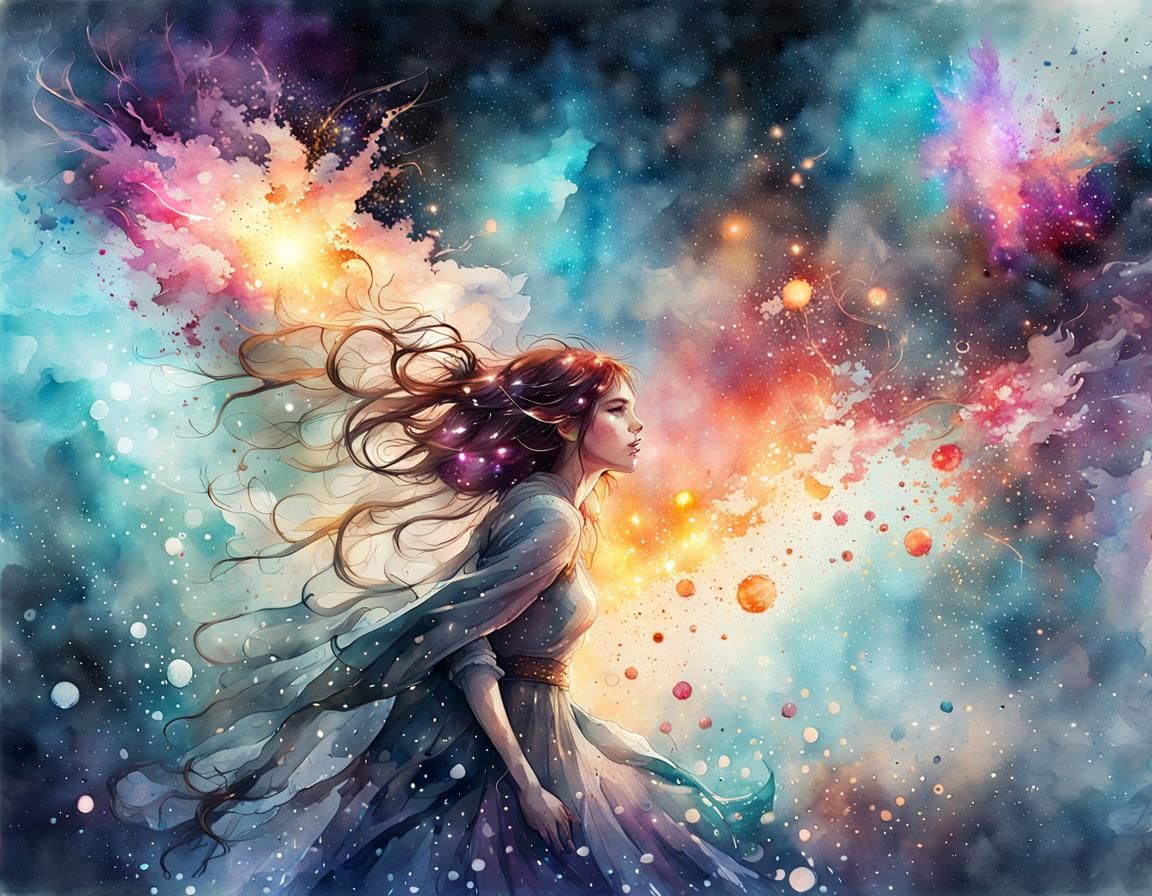 galaxy, watercolor, splash art effect, Magical luminescent s...