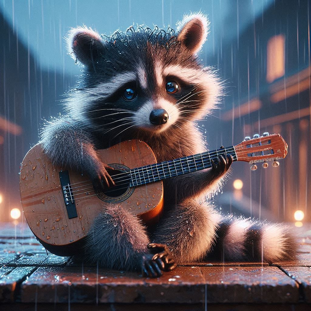 Rooftop Racoon with sad eyes playing Guitar in the Rain (3)