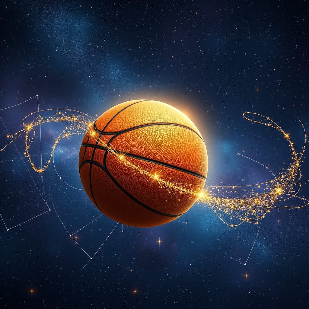 Picture a celestial basketball meticulously charting the constellations on a vast, star-strewn canvas, ...  by @Battlecat23