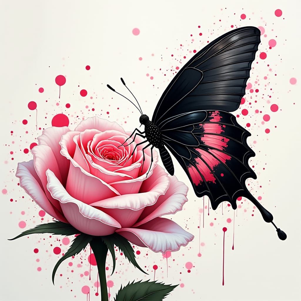 Beautiful black and pink butterfly on a white rose. Ink spla...