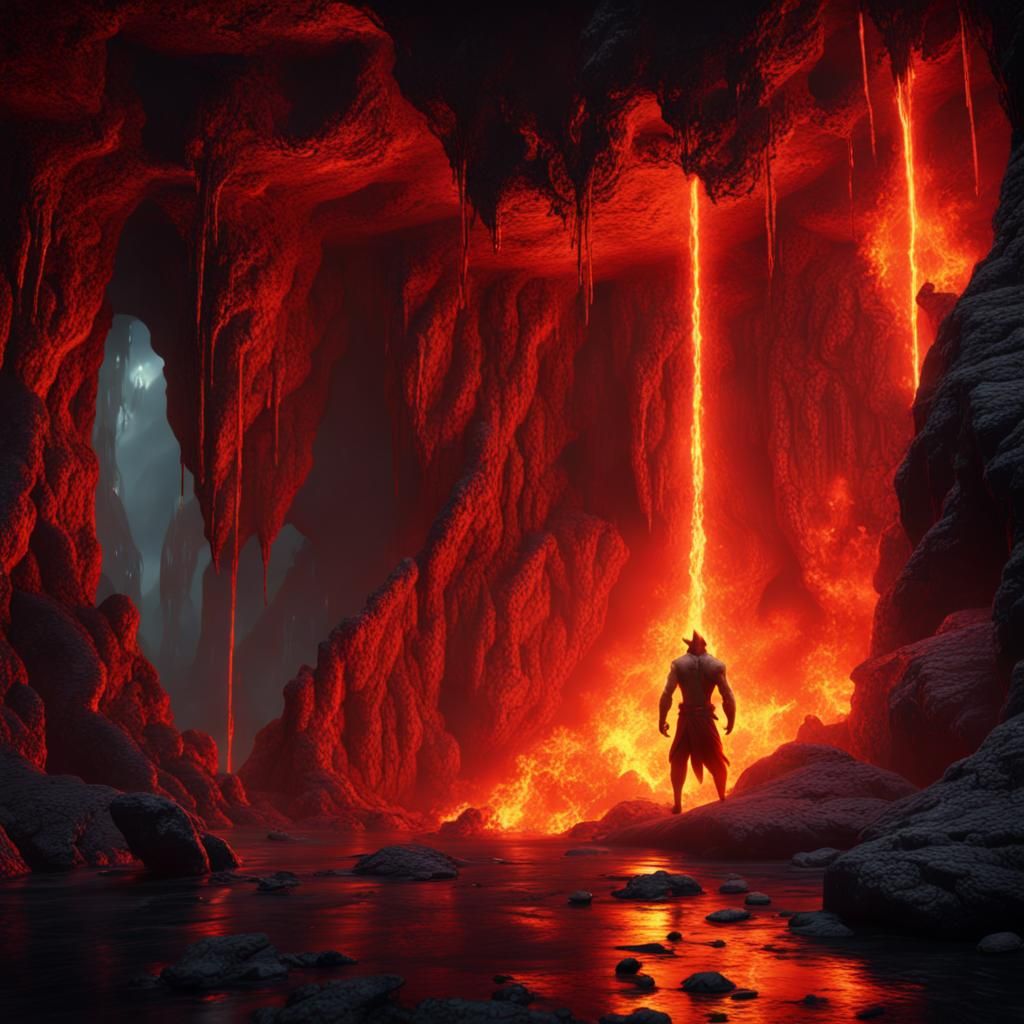 evil devil in a cave with lava waterfalls and poisonous gas - AI ...