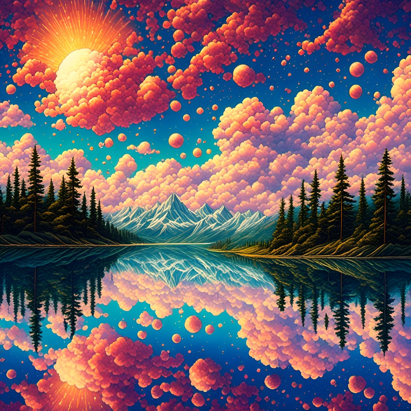 <lora:sheesh:1.0> | lake-reflecting | bubble-clouds | mountain-landscape | forest-cosmic-BACKGROUND,  hyperrealistic, maximalist