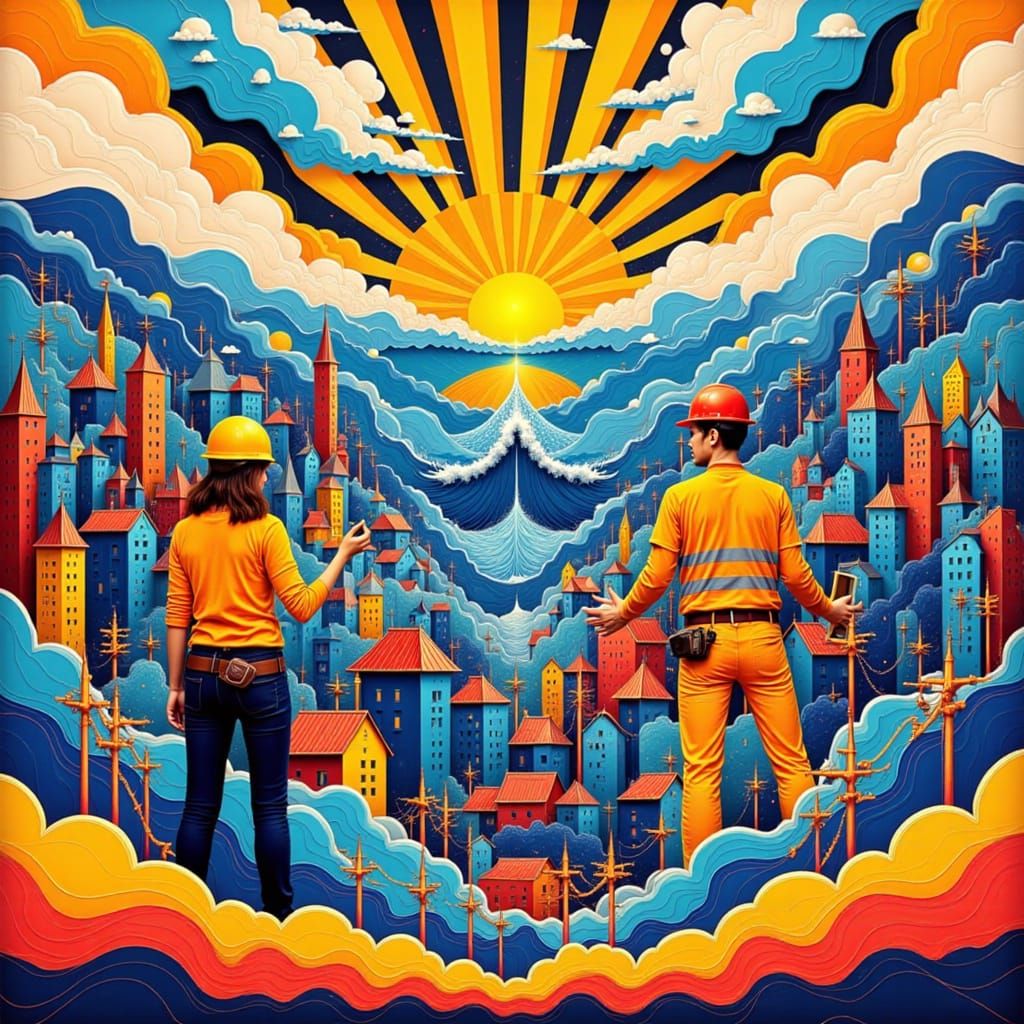 Construction Workers Amidst Vibrant Street Food and Construc...