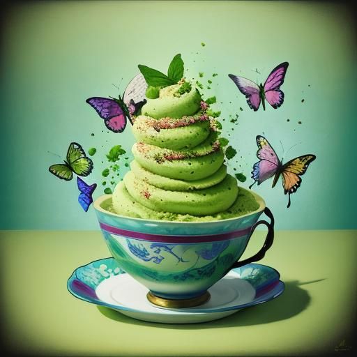 Matcha mint ice cream in a bowl with green butterflies.