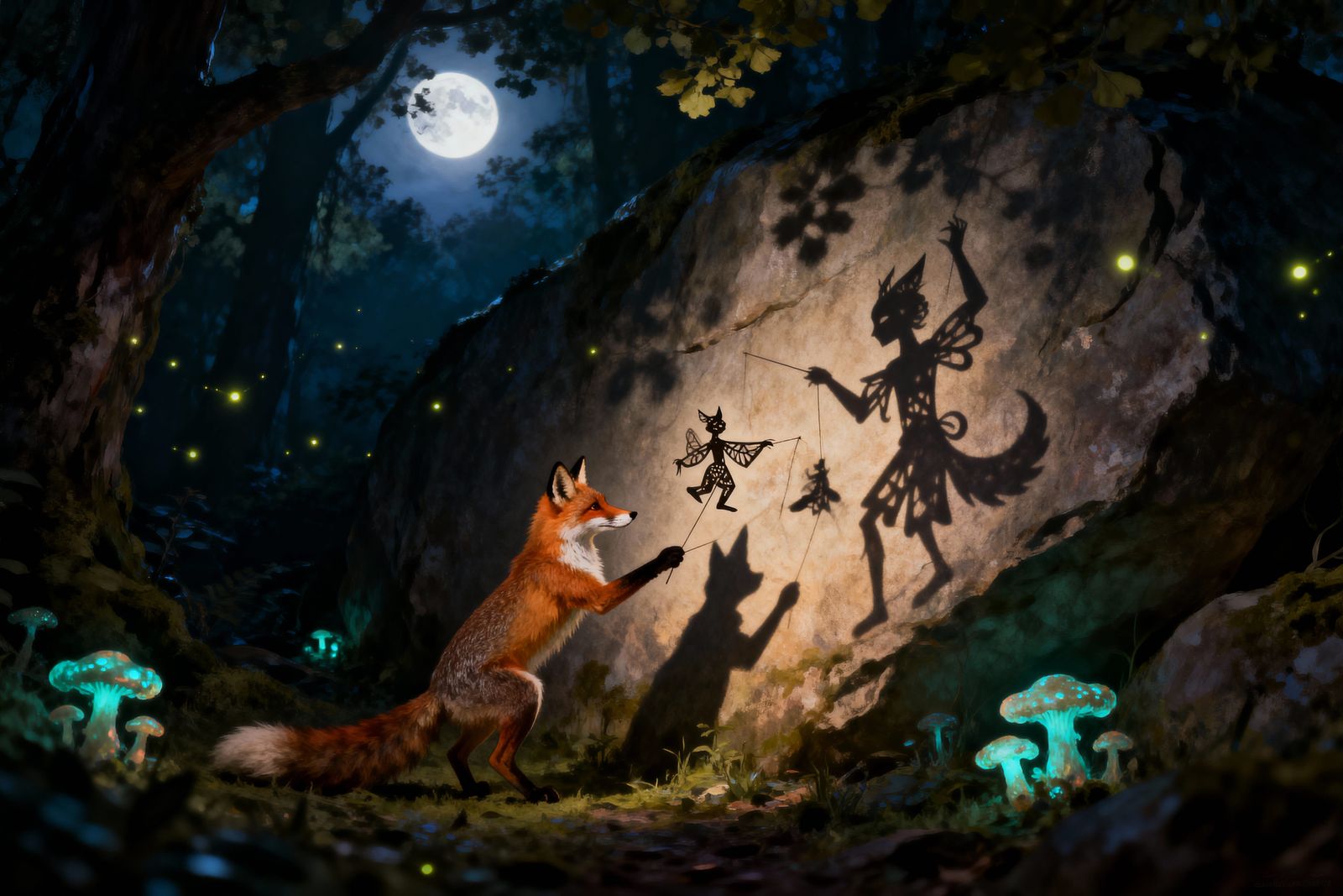 Beneath the moonlit canopy of an enchanted forest, a normally shy fox is depicted in a hidden clearing, ...  by @Inayris