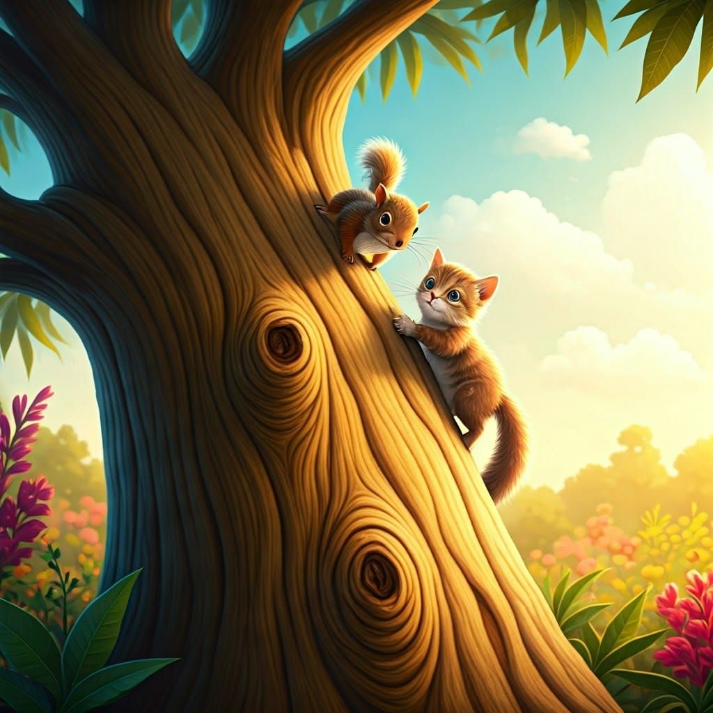 A small squirrel is climbing up a big mango tree and  a litt...