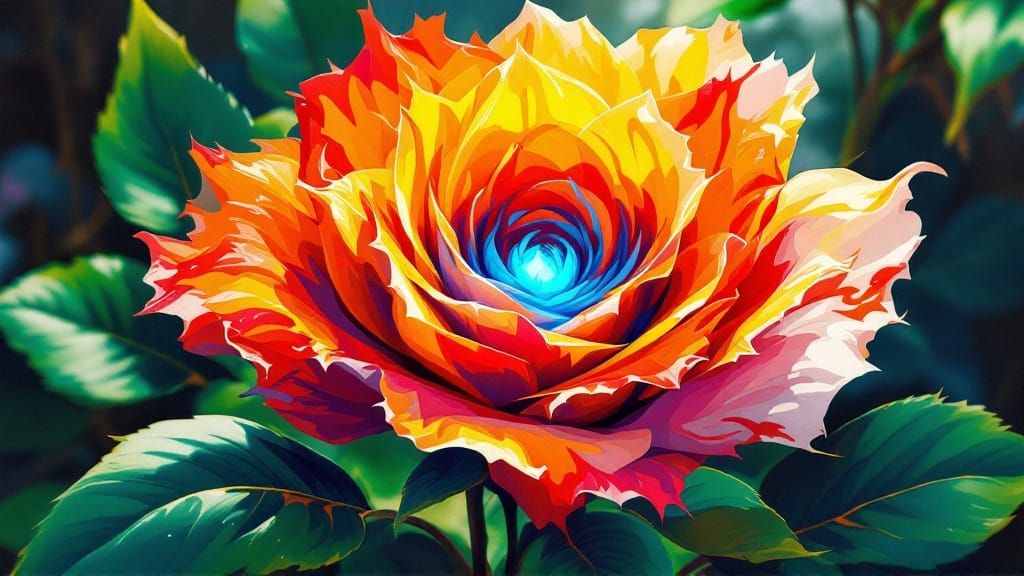 A red and yellow and white fire rose with a blue center emboding the essence of fire in a rose form and vibrant green folage . In the garden...