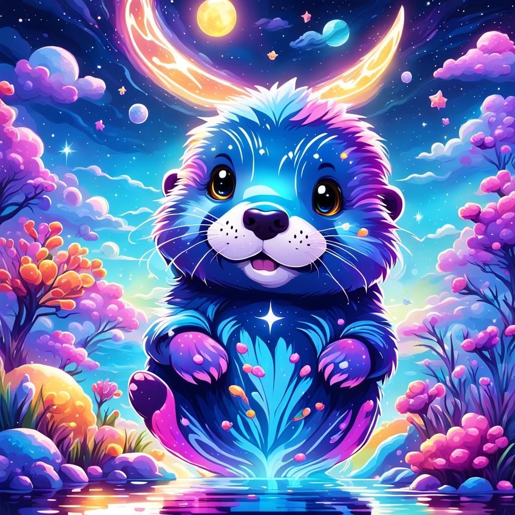 Cute chibi otter with a night sky Lisa frank style