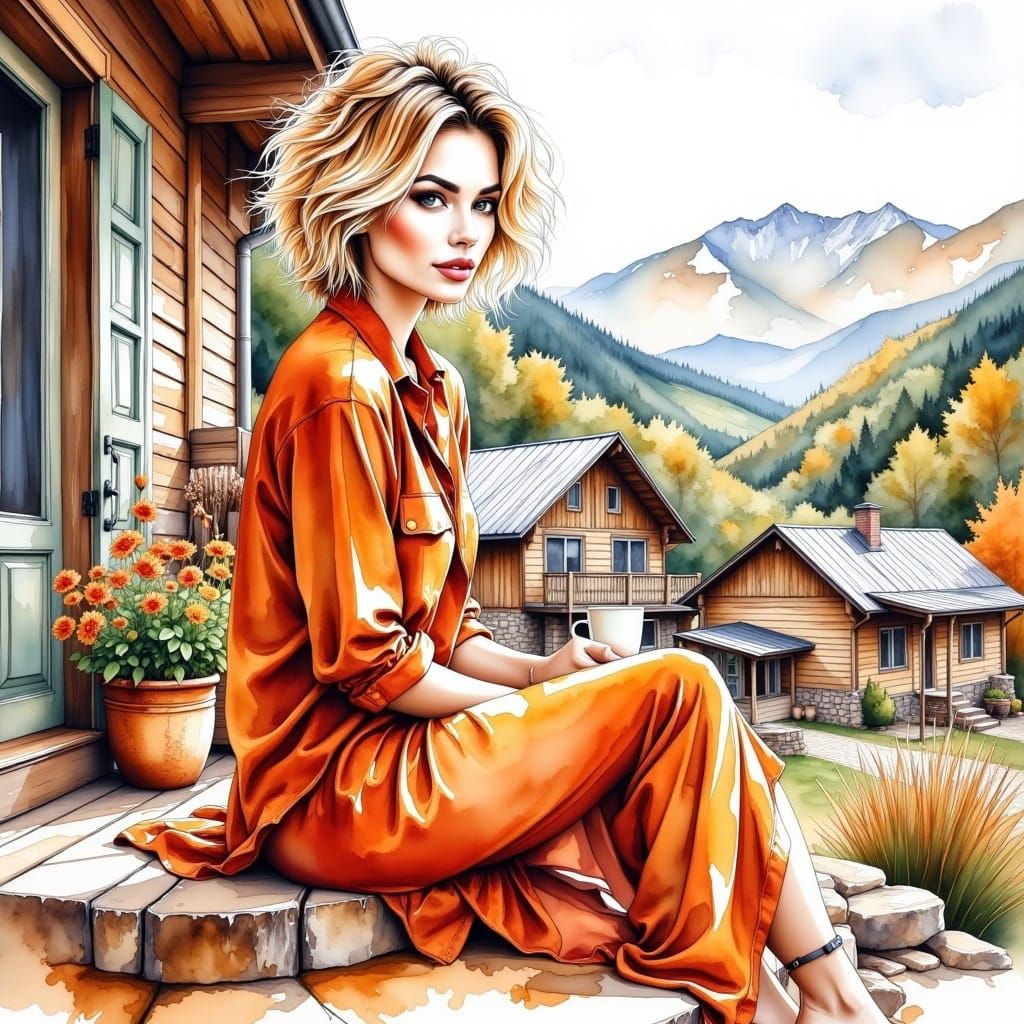 <lora:WatercolorArtFx:1.0> a stunning woman sitting on the balcony overlooking the village. In the distance you can see mountains. A short f...