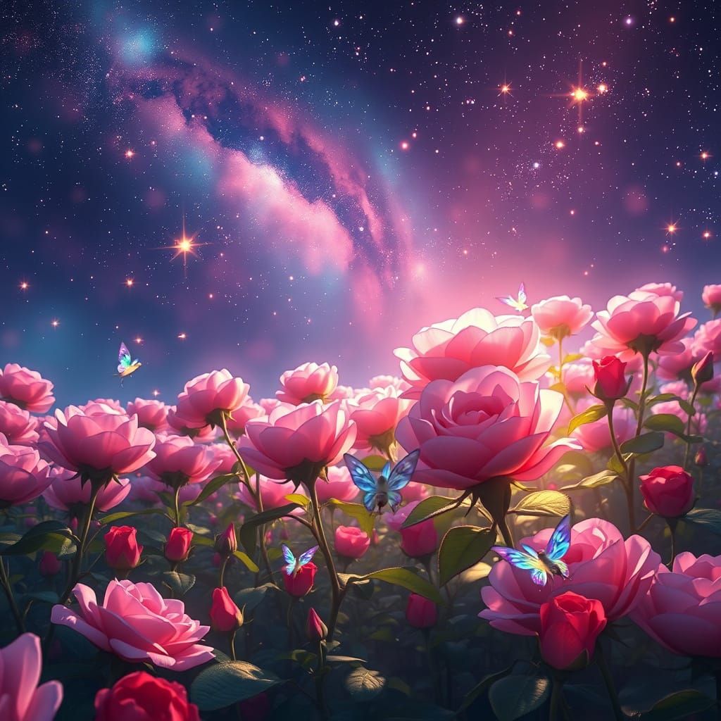 Rose flower field in night star sky  by @Ann