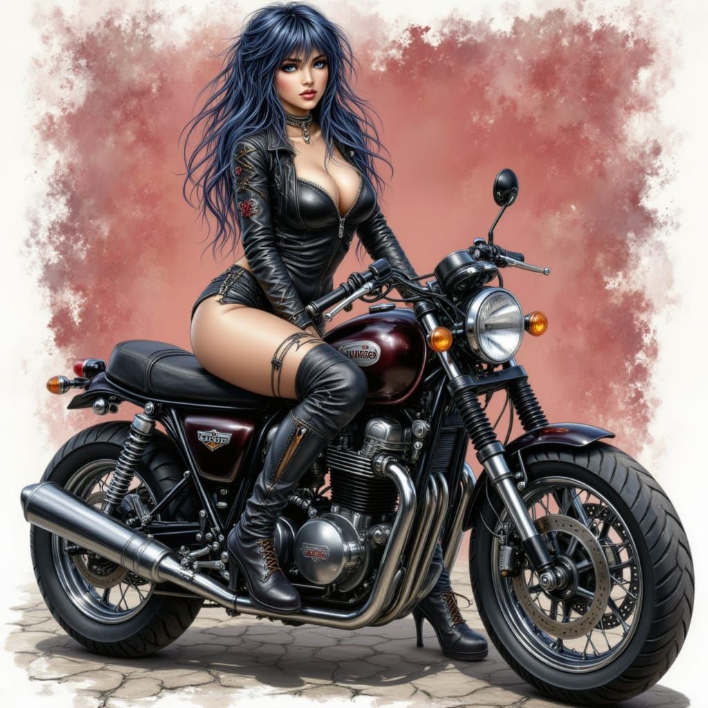 Manga Beauty in Leather Biker Outfit on Motorbike