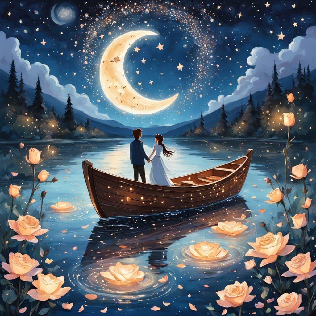 Romantic Anime Couple Under a Golden Moon