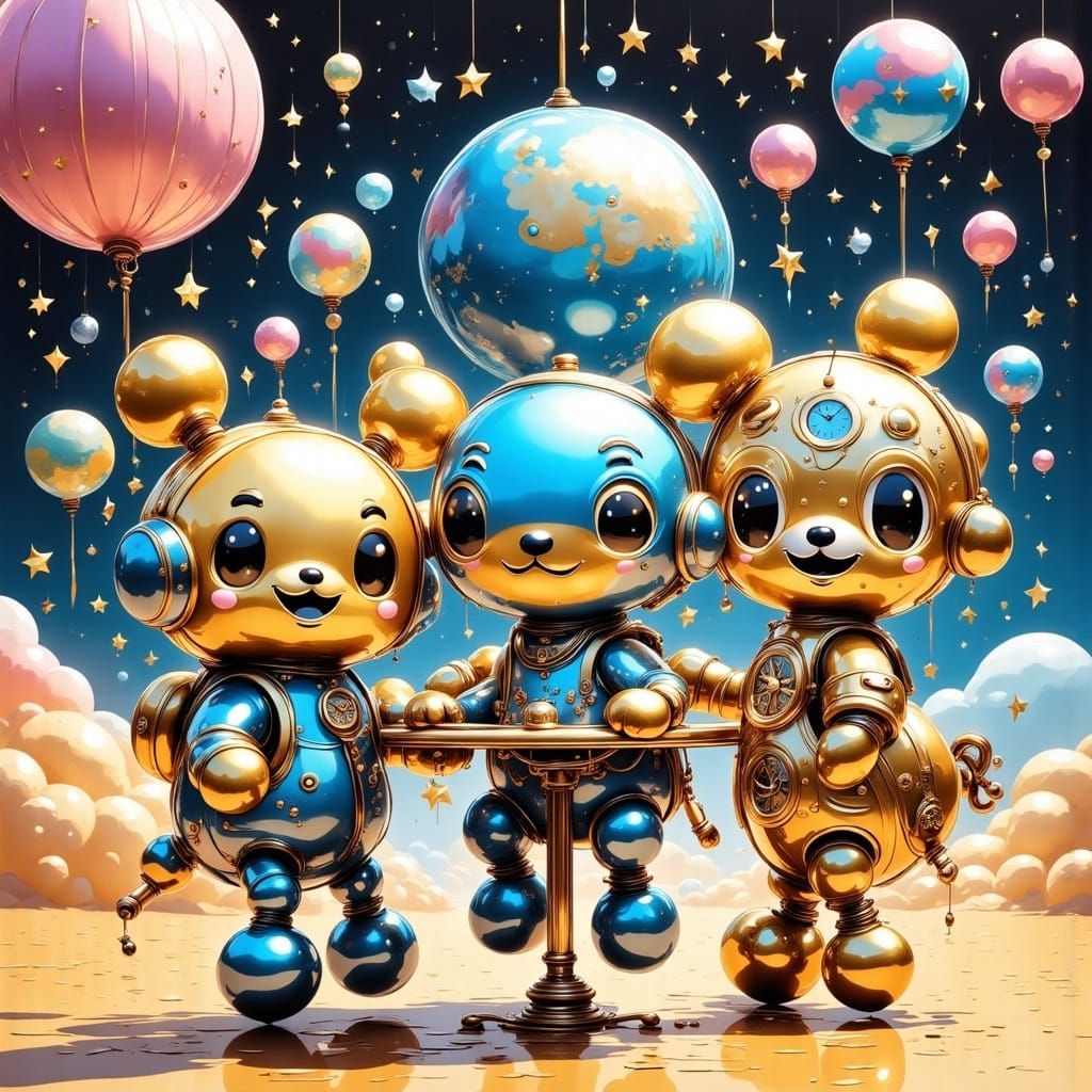 <lora:BRASSY BALLOONACY:1.0> Cute creatures at a cafe in outer space 