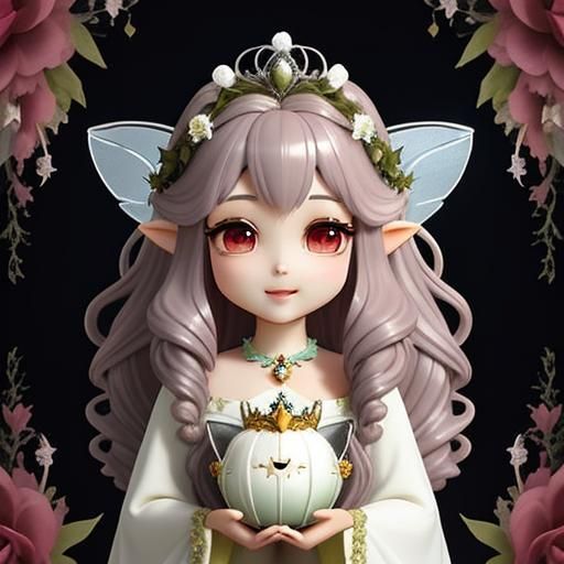 Delightful fairy princess, wearing a little crown, soft tones fairy clothes outfit, beautiful fantasy background, long curly hair oil paint...