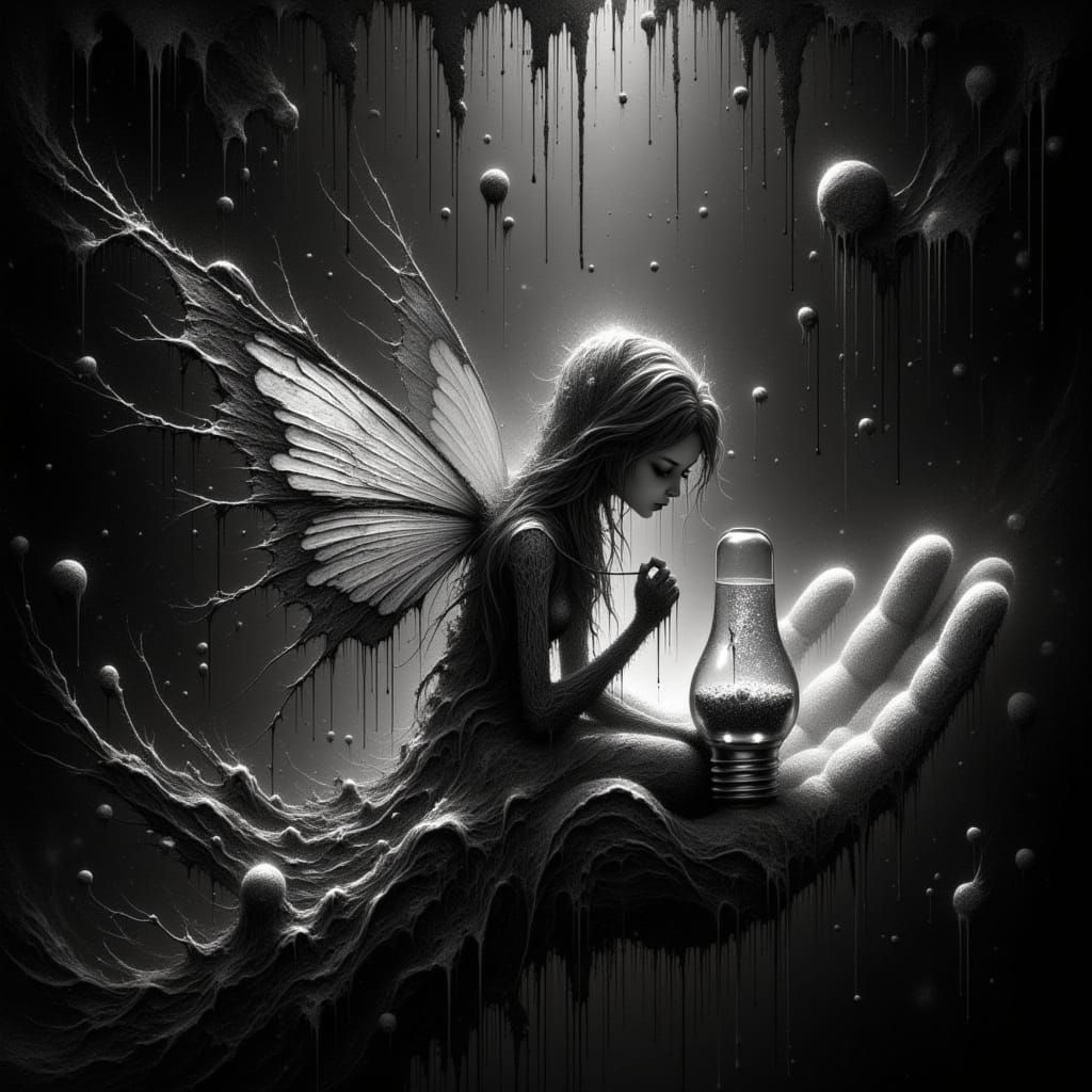 <lora:All About The Drip:1.0> Imagine a detailed, black and white image that feels like a realistic, dripping splatter painting, where paint...