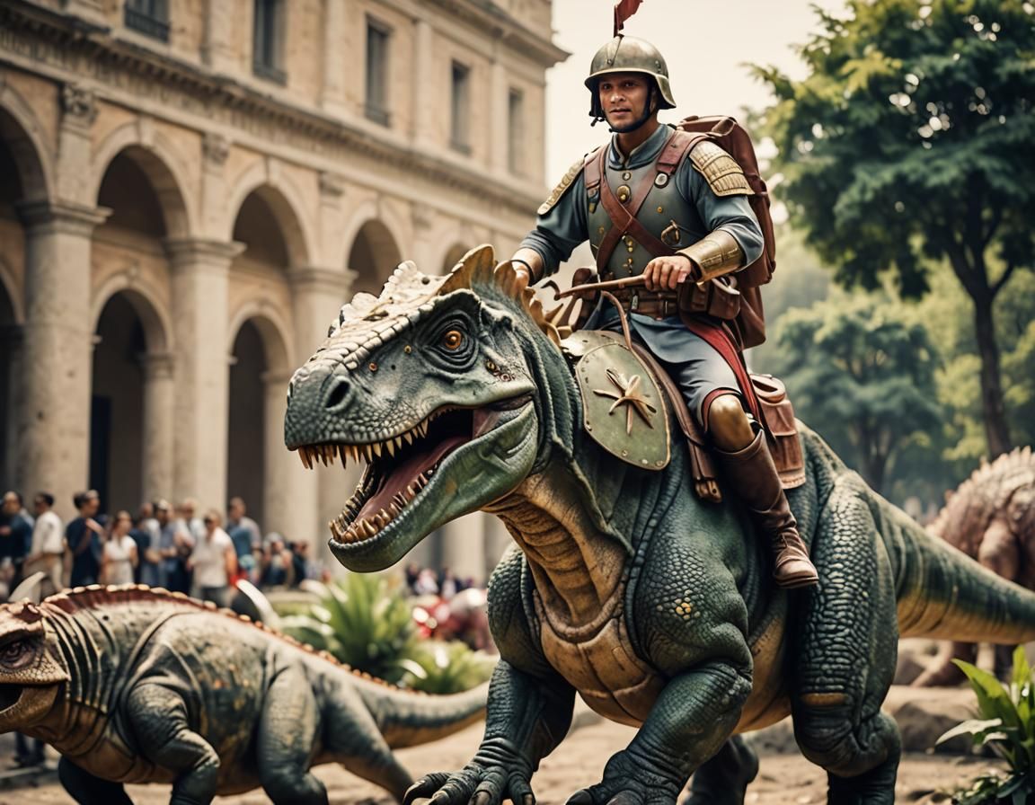 A Roman solider riding a dinosaur