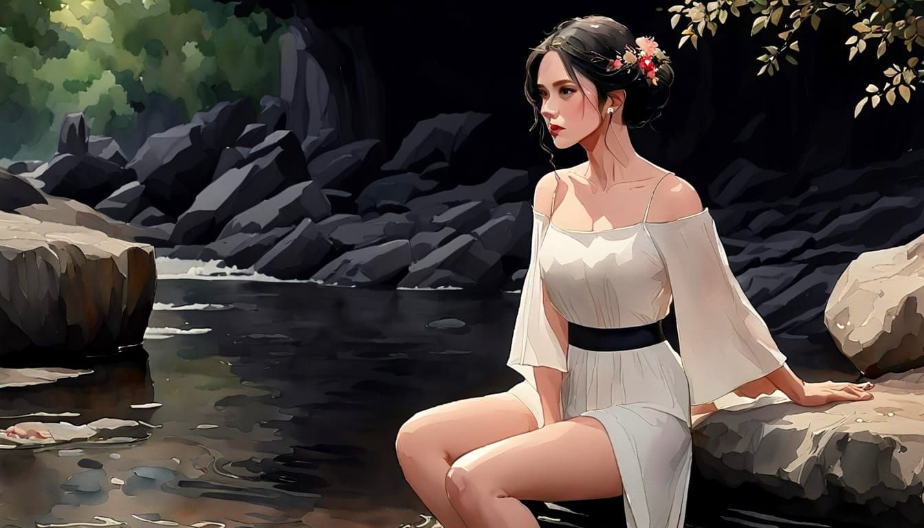 Nude Woman by Stream in Watercolor Style