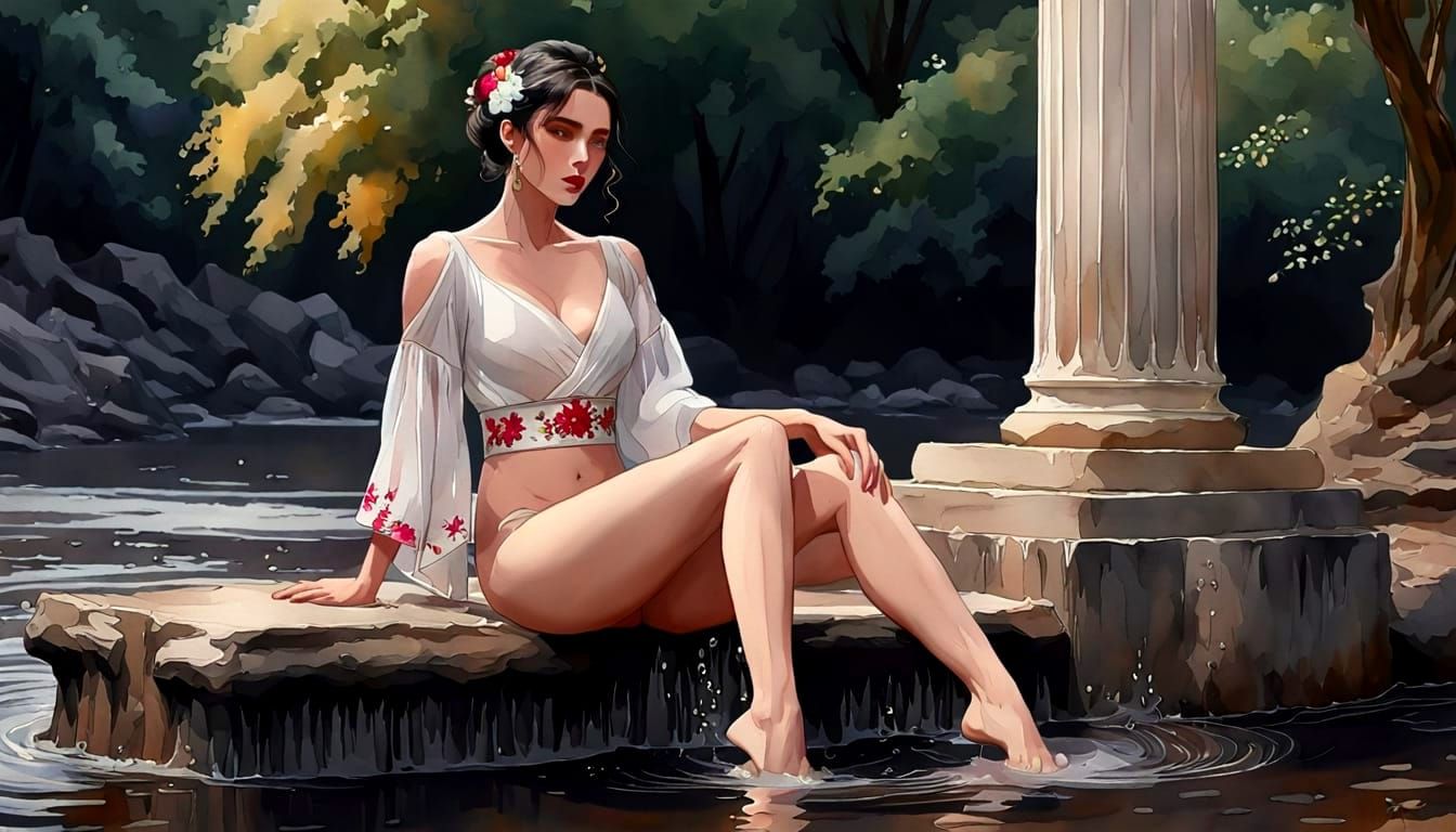 Nude Woman by Stream in Watercolor Painting