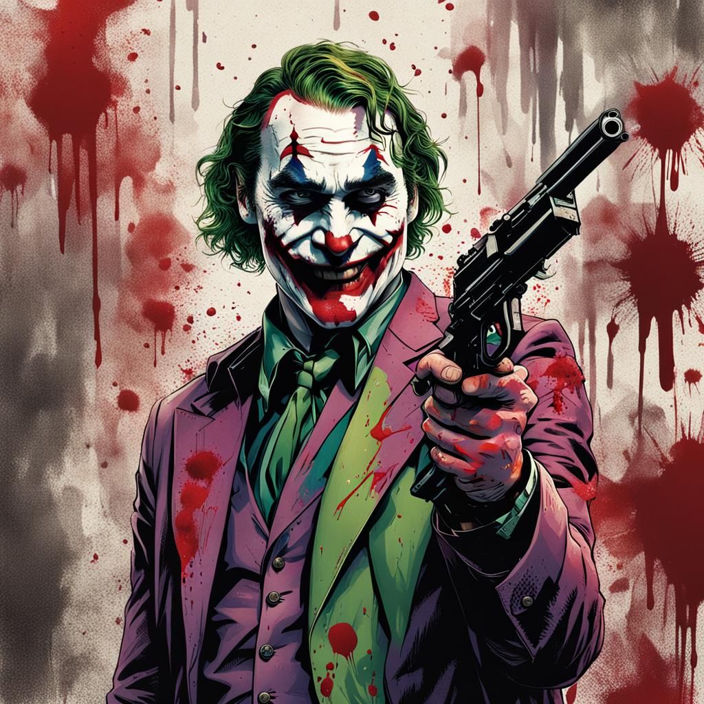 Joaquin Phoenix Arthur Fleck joker bloody smile  holding gun  by @Samantha Karner