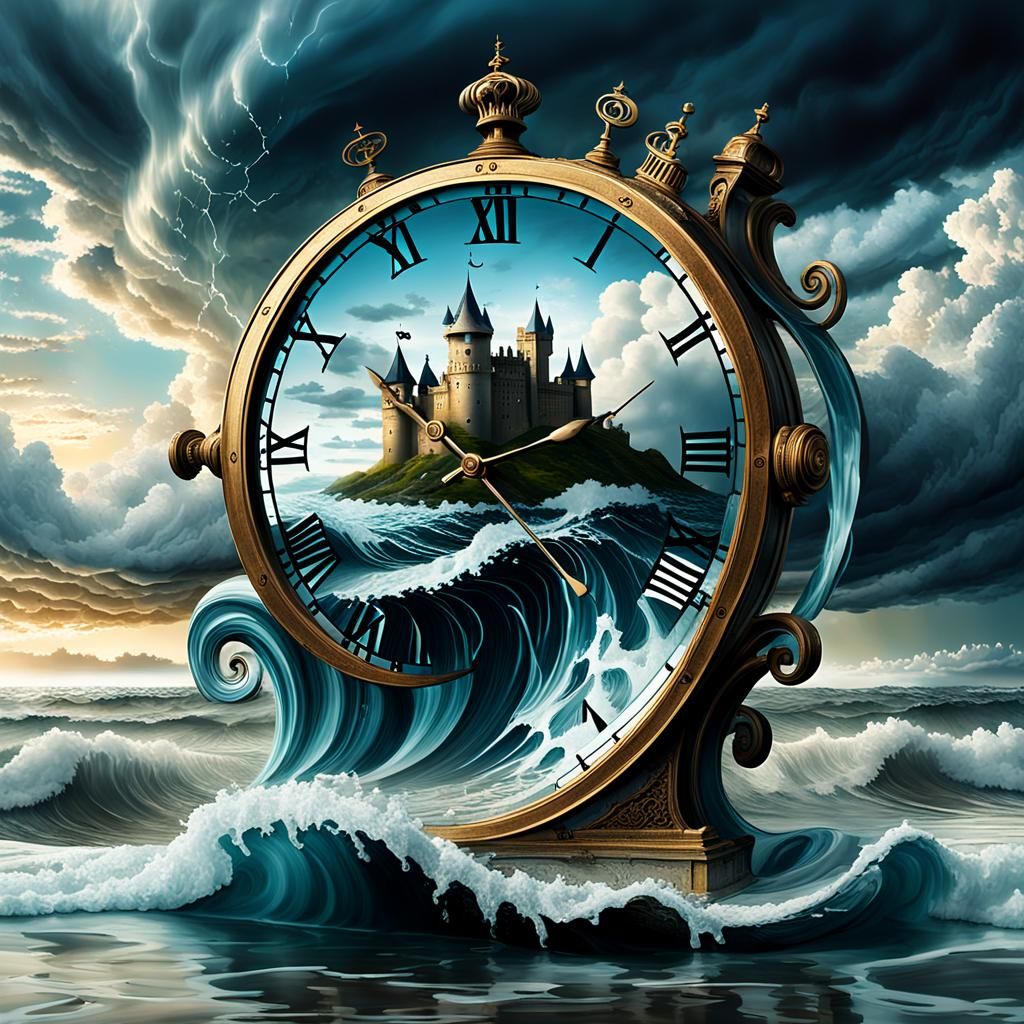 a surreal scene: a melting clock with Roman numerals turns i...