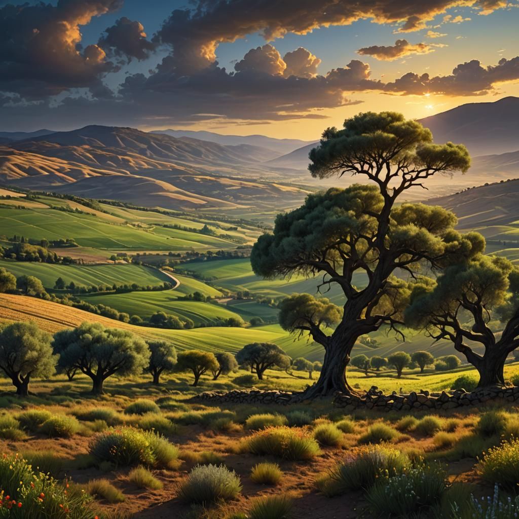 Hyperrealistic Valley Landscape with Carobs and Olives