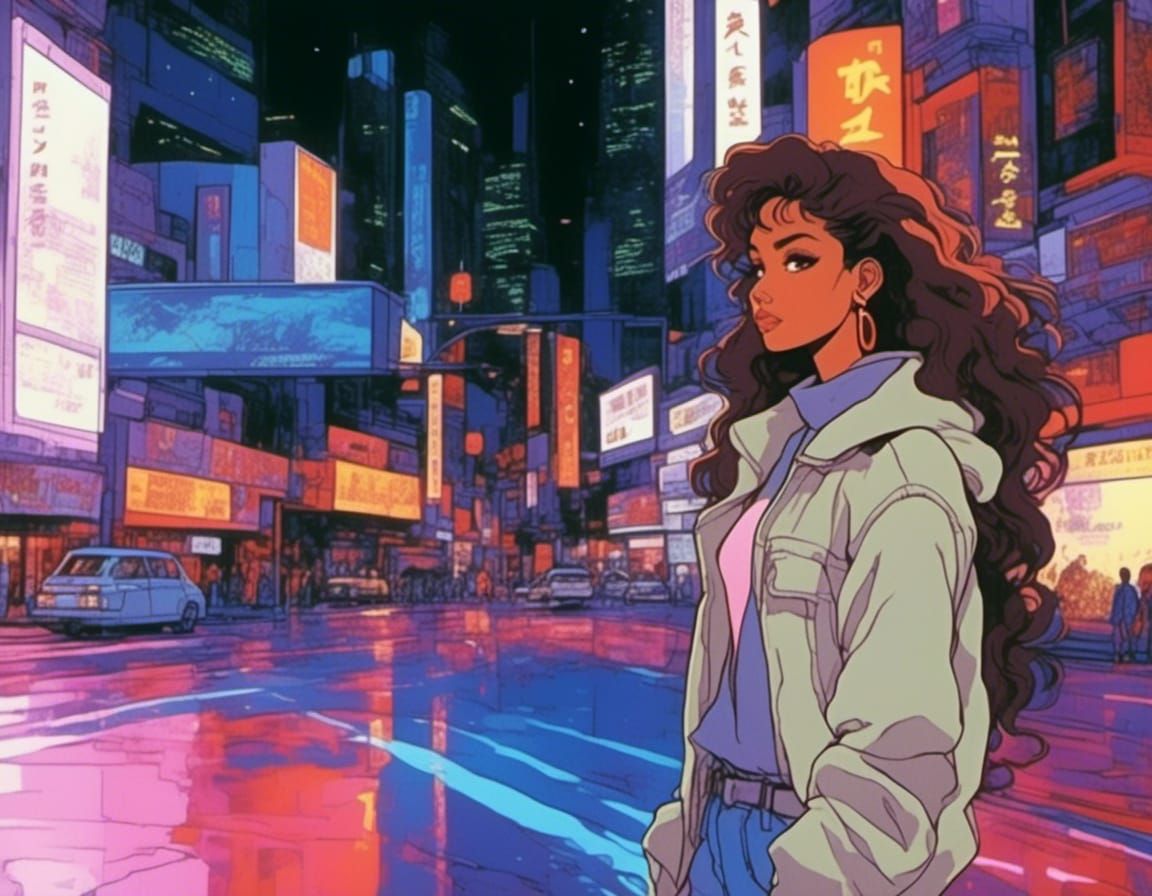 <lora:Tofu:1.0>80s anime style. medium  distance voluminous long wavy dark hair framing face and along back. dark Skin. Full Lips. Long Eyel...