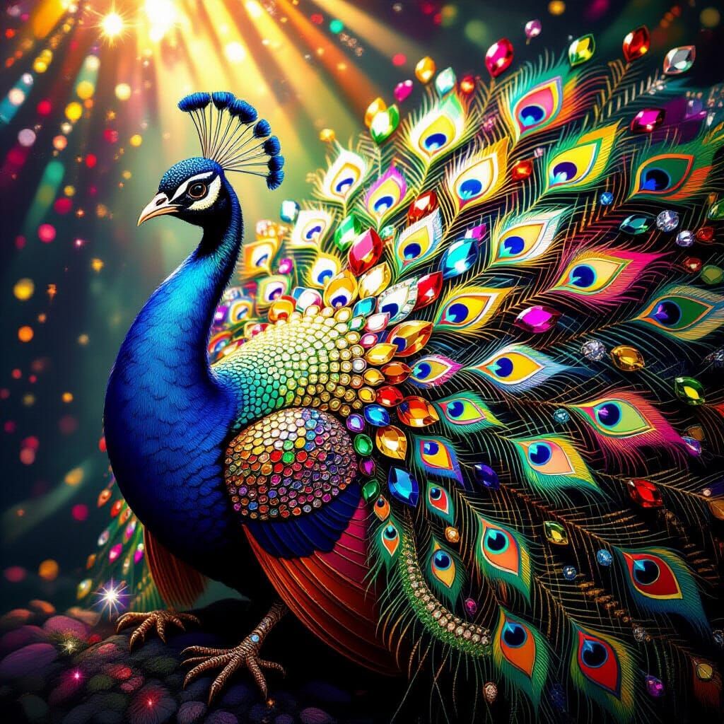 Vibrant Jewel Peacock Shimmers in Dramatic Light
