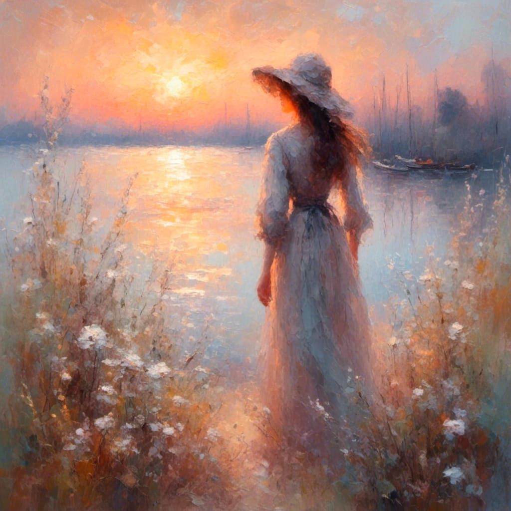 An impressionist painting of woman at sunset  by @Joseph