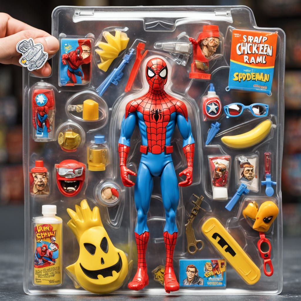A silly superhero action figure of spiderman in a plastic blister pack, complete with spoof-gear displayed ...  by @Terryke