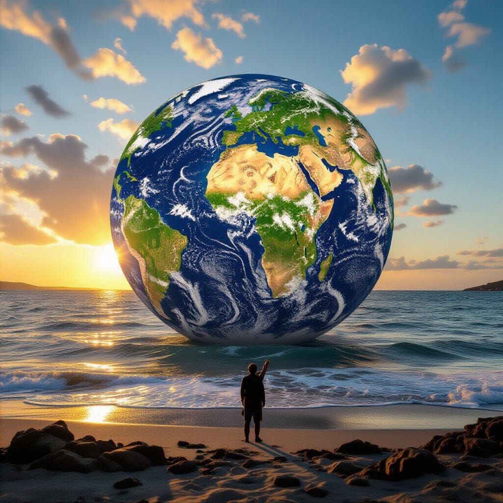 People Holding Earth at Sunset, Cinematic Still