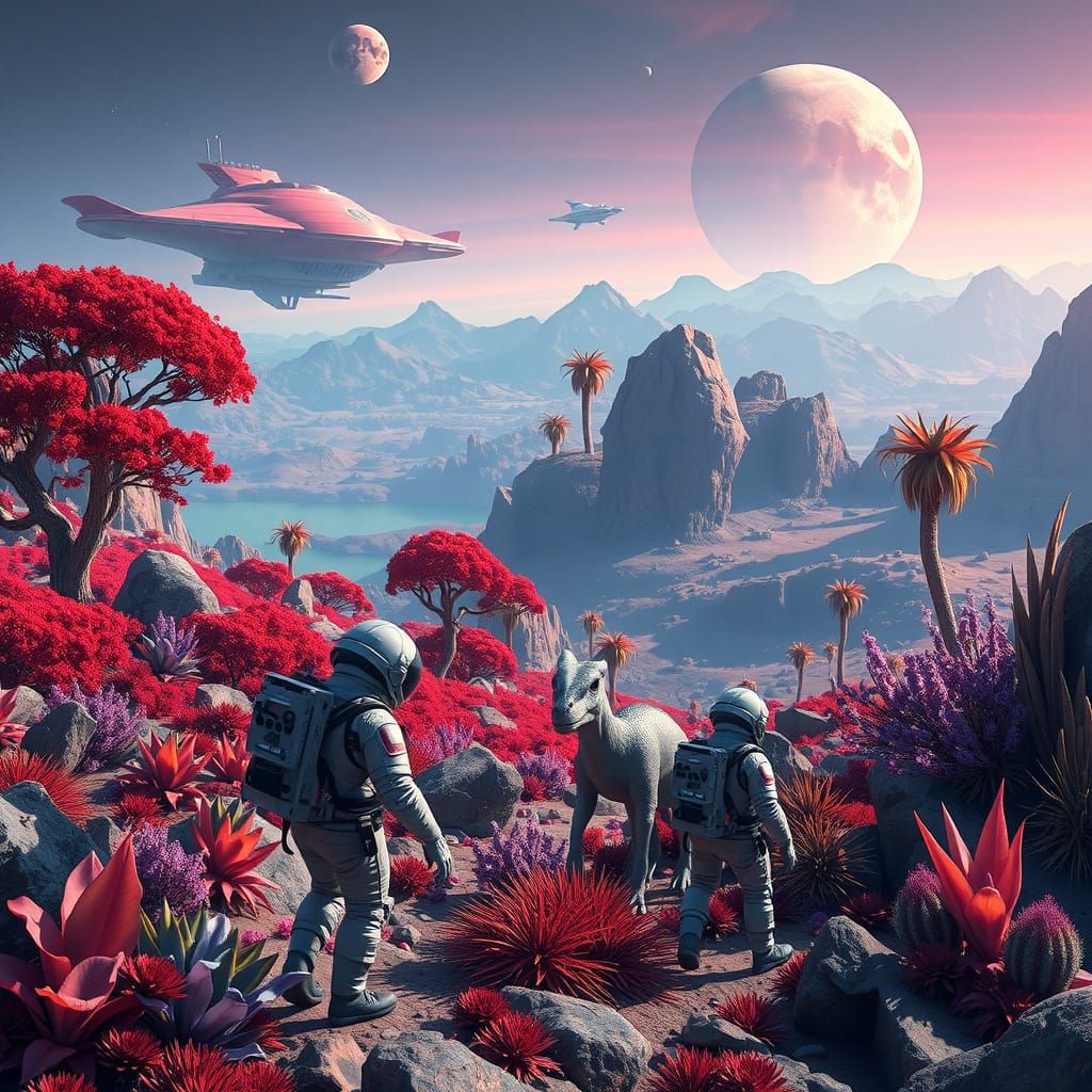 Space Explorers in Vibrant Alien Landscape