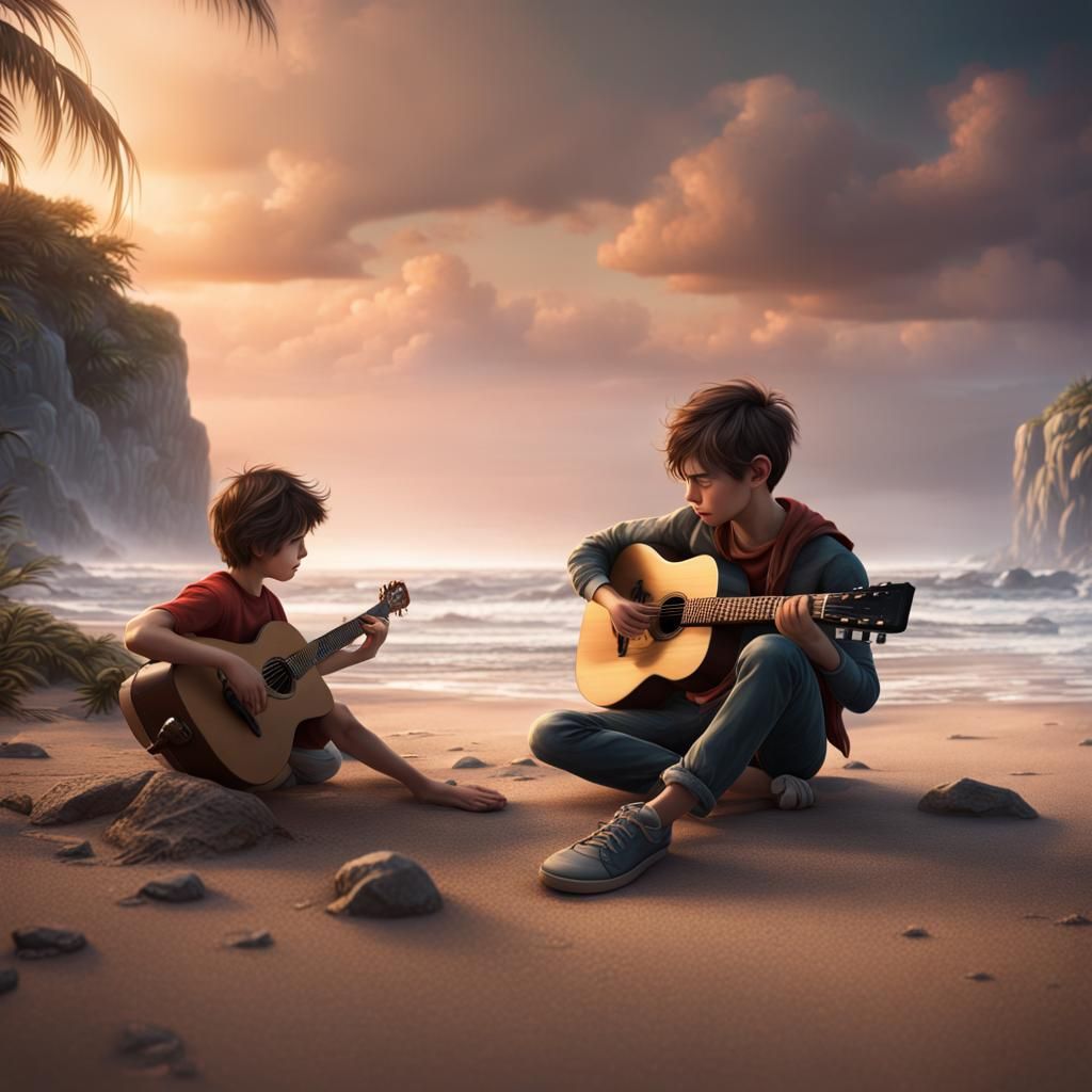 Boy Plays Guitar on Beach: Fantasy Concept Art