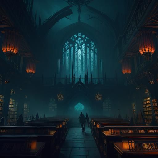 lectern displaying necronomicon, inside library, eerie glow