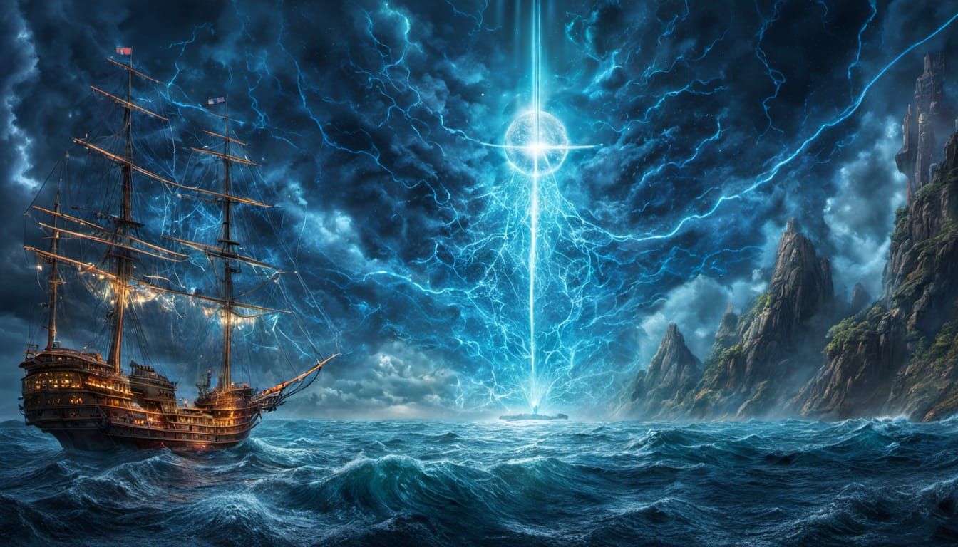 ein brennendes Segelschiff ,Ocean,Steine,Sterne,Wolken detailed matte painting, deep color, fantastical, ...  by @Sima Knauff