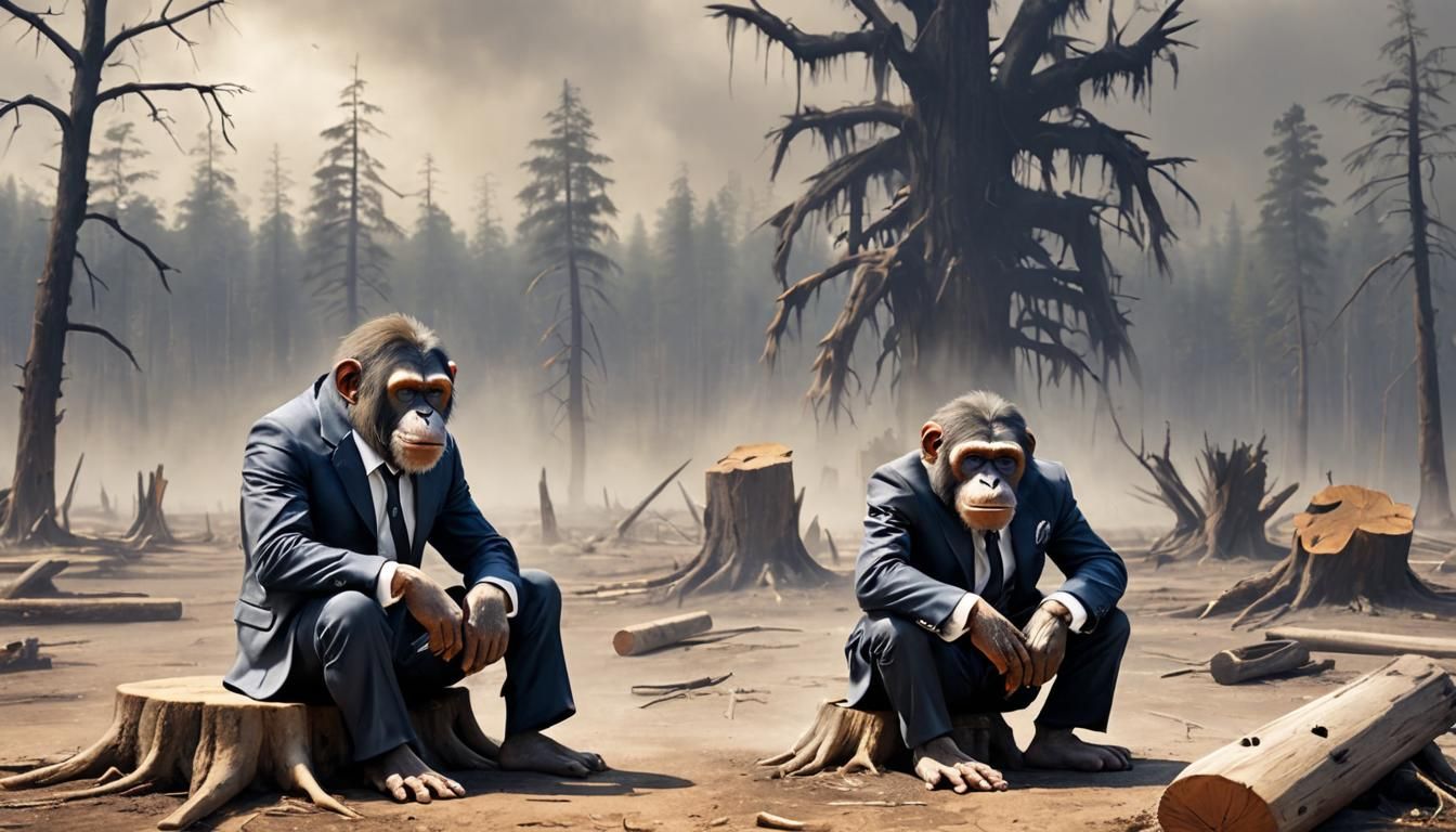 a gangster ape in a tattered suit sits depressed against a t...