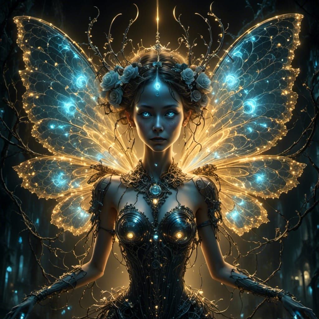 Glowing evil cyborg fairy.  <lora:Luminescent art:1.0> <lora:SpectR:1.0> 