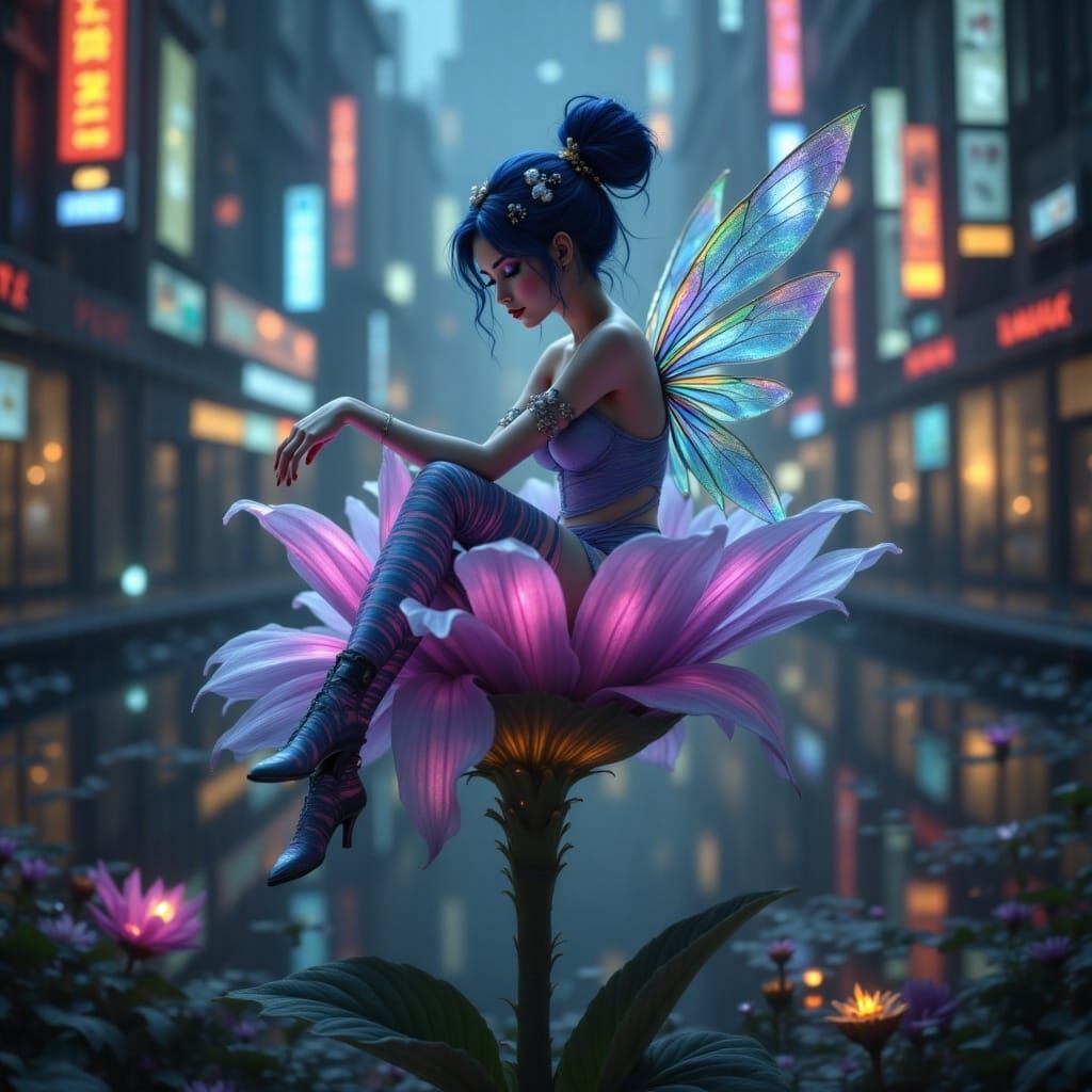 A fairy sitting on a flower <lora:Fairy:1.0> cyberpunk synthwave vaporwave