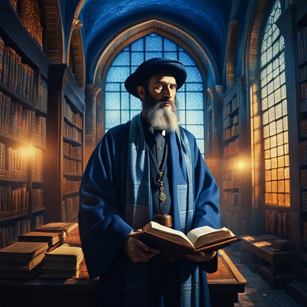 Retro Jewish Man in Mystical Library, Matte Painting