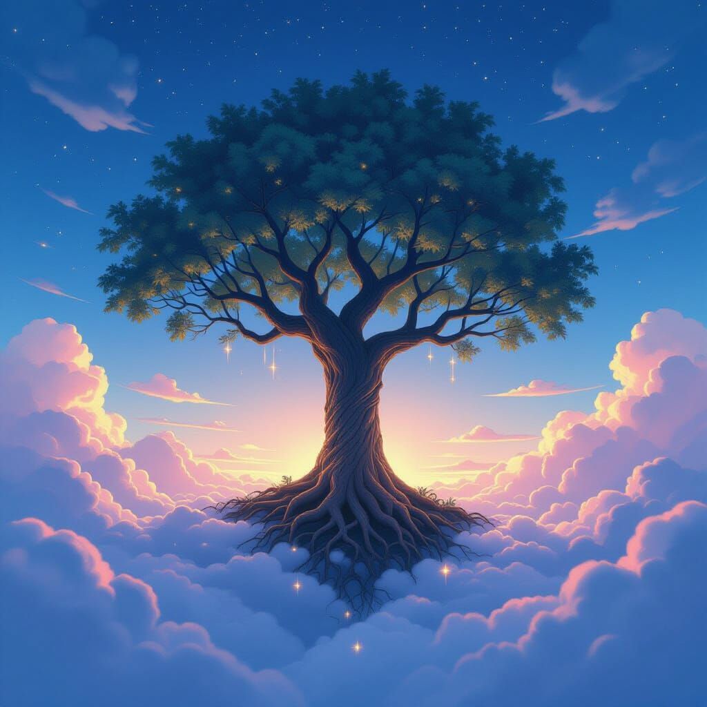 Surreal Upside-Down Tree in Twilight Sky