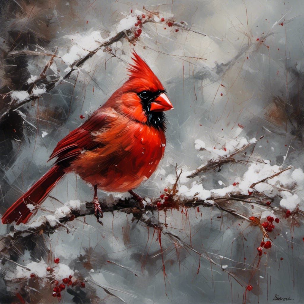 Cardinal on a snowy branch <lora:Snowfall:1.0>
