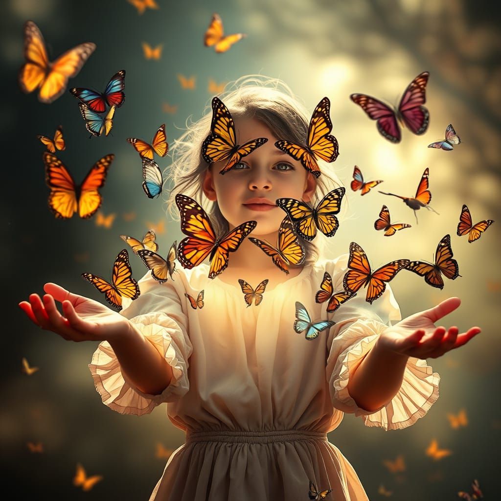 colorful butterflies fly out of the girl's open arms  by @IkaDo