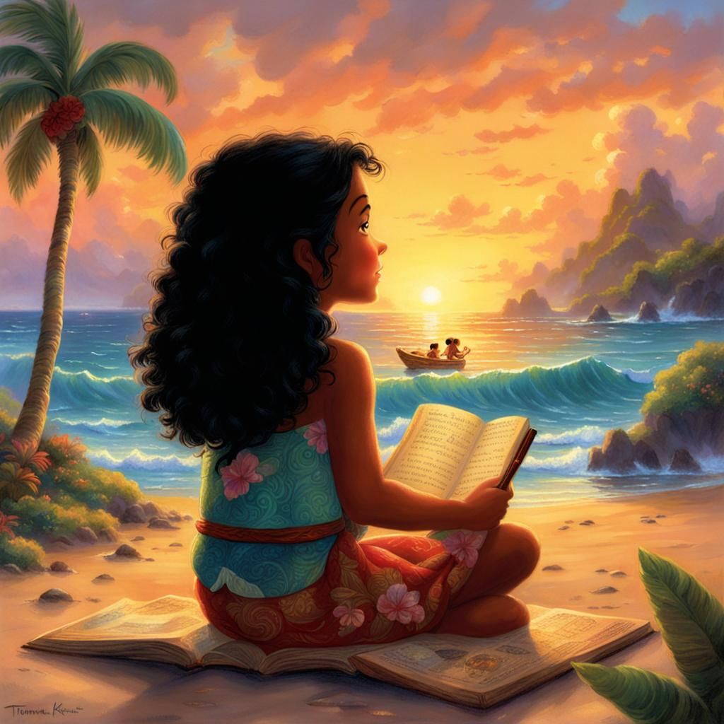 moana at a beach watching a sunset storybook illustration Th...