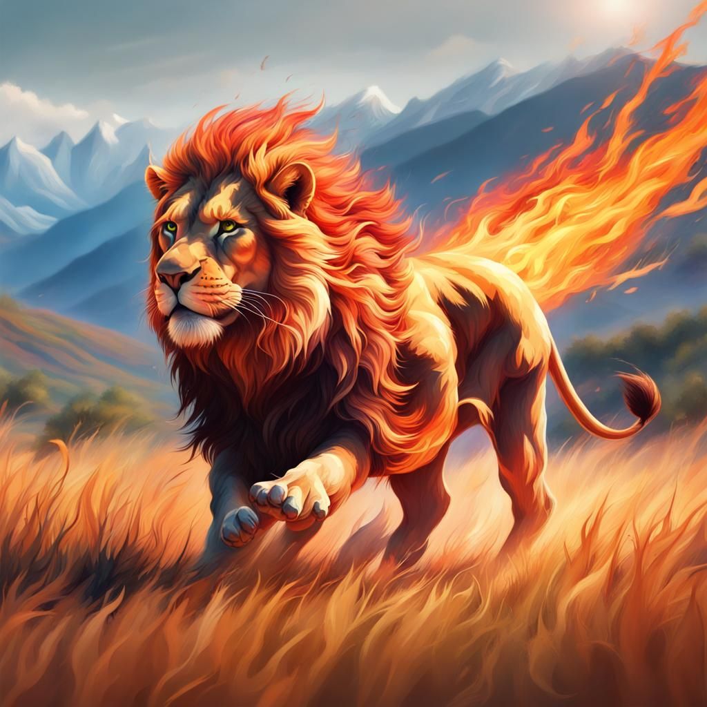Fiery Lion Running Wild: Hyperrealistic Splash Art
