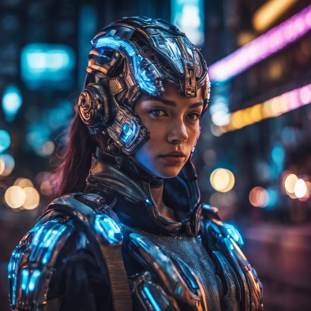 Portrait of a cyborg girl wearing futuristic face armor in a neon city ...