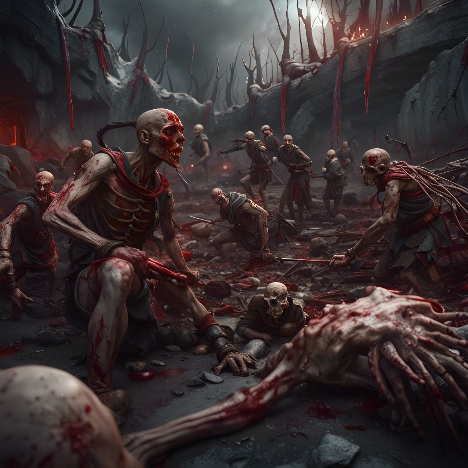 rotting human bloody bodies on battlefield