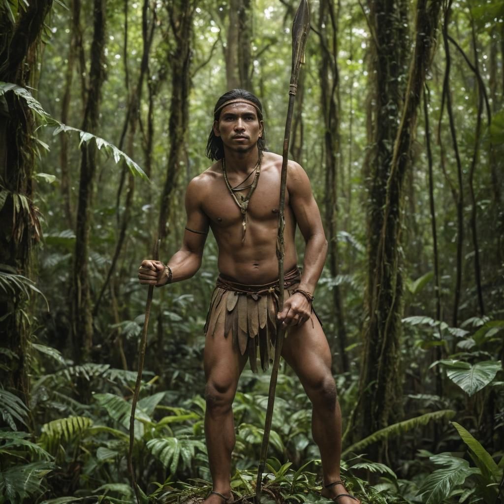 native male south american with spear standing in the rainfo...