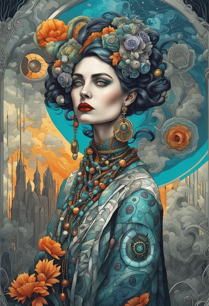 portrait of a beautiful woman wearing intricately detailed c...